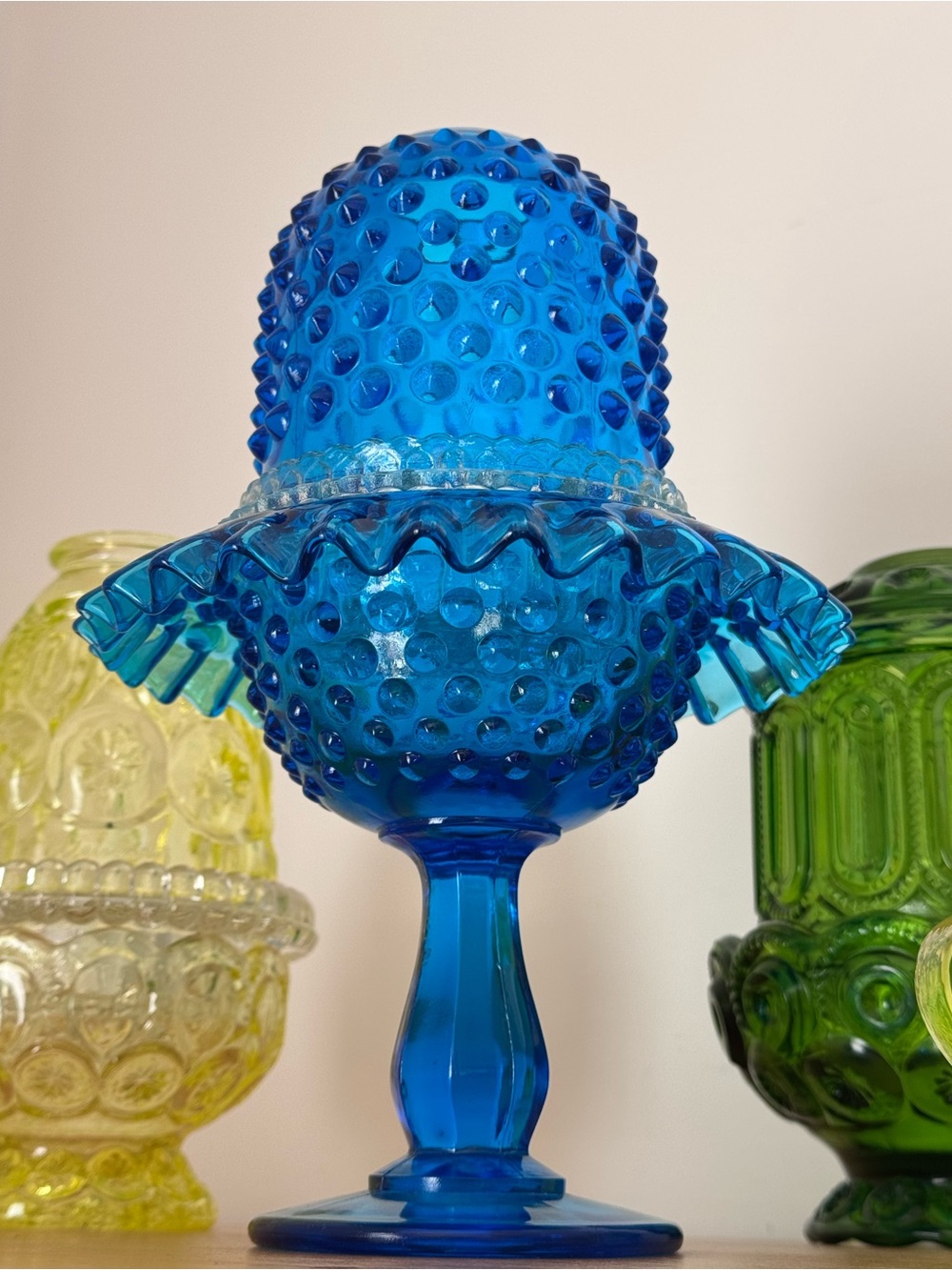 VINTAGE Antique Fenton Colonial Blue Hobnail 3 Piece Pedestal Fairy Lamp